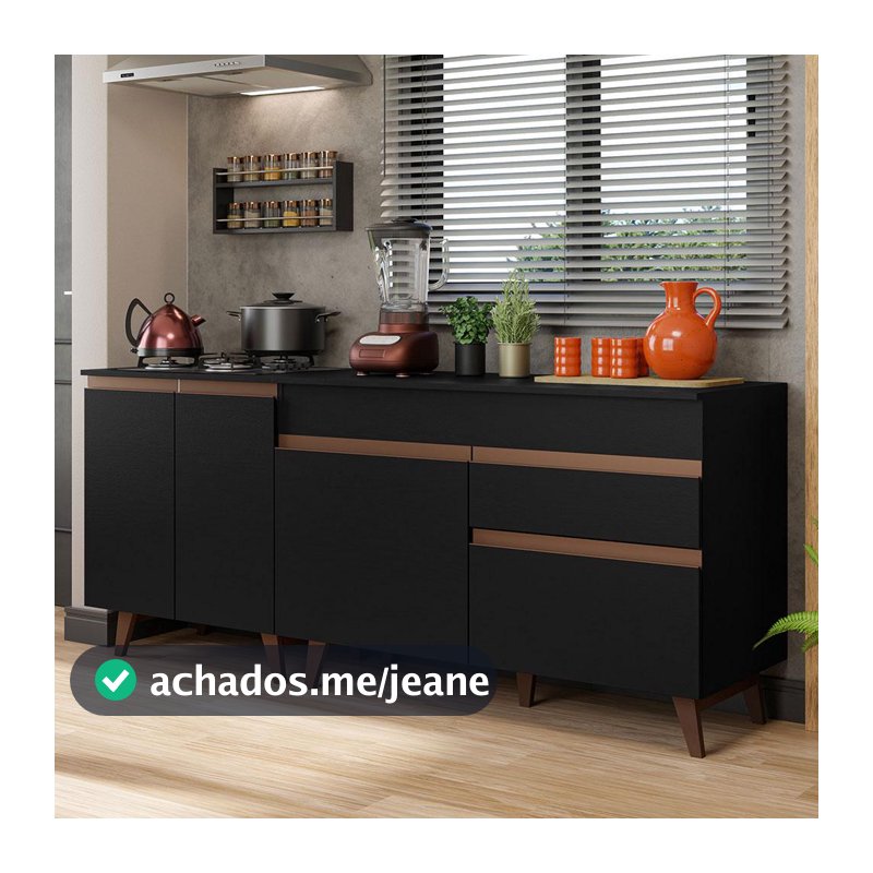 Kit com 2 Balcões de Cozinha Madesa Reims 4 Portas 1 Gaveta (Com Tampo) - Preto
