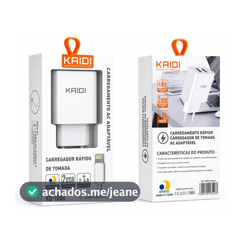 Carregador + Cabo IPHONE  rápido de tomada KAIDI KD-109A Marca premiun