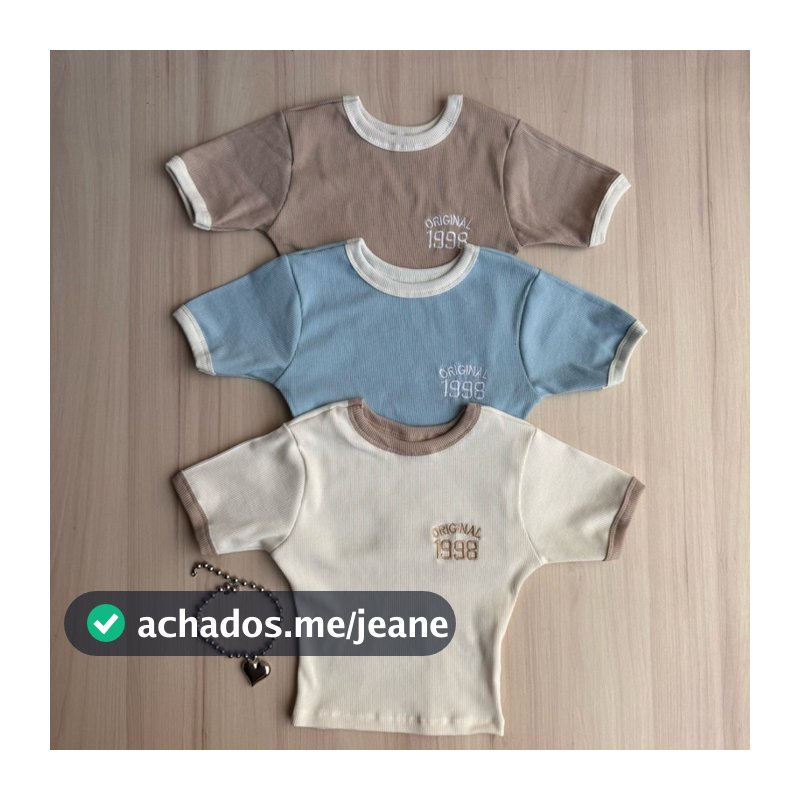 Kit 3 Cropped Manga Curta Canelado Bordado Baby Tee Cores Pastel Gola Redonda Blusinha Feminina Ribana Canelada Babylook