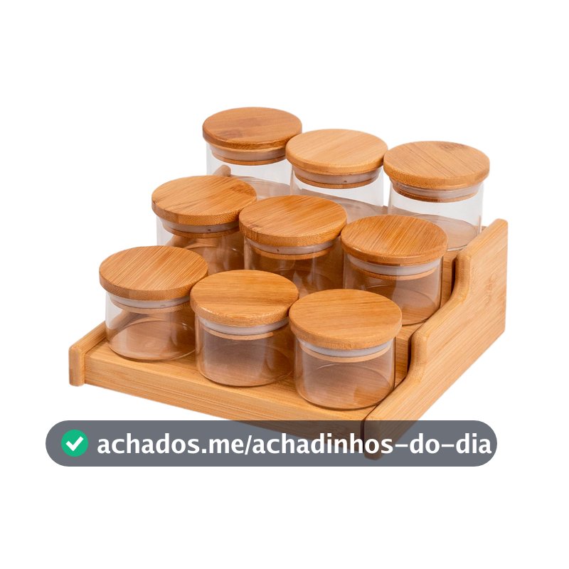 Kit 9 Potes Hermético 110ml com Tampa de Bambu E Rack Organizador de Bambu - Oikos