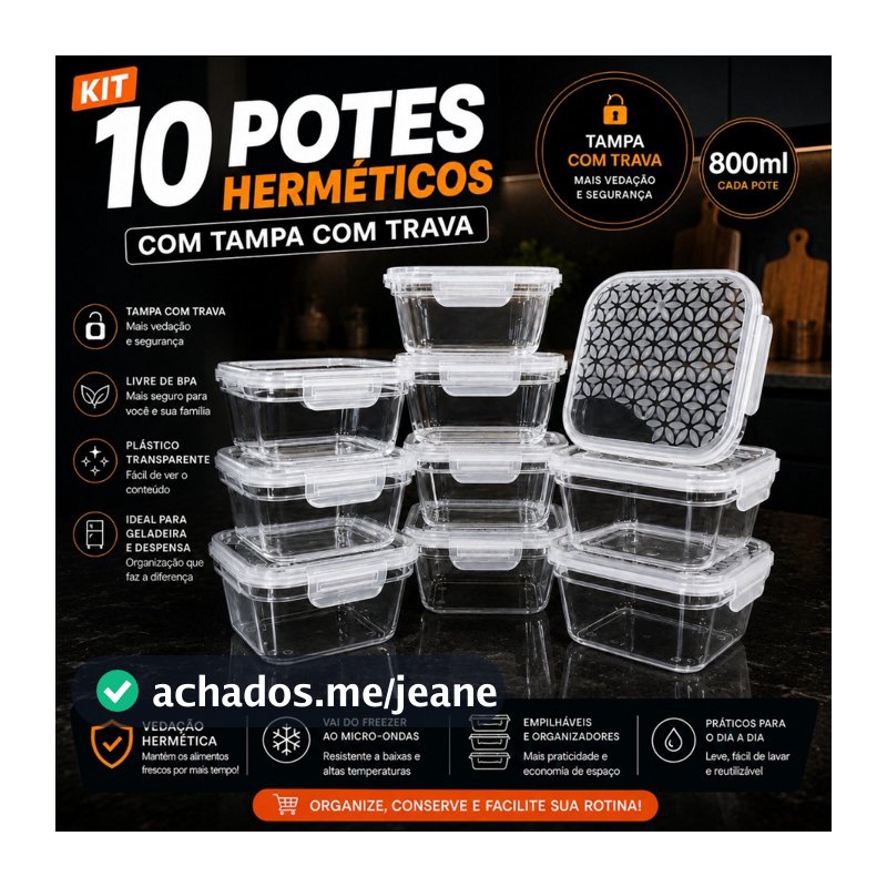 Kit até 10 Potes Herméticos Transparentes Com Tampa e Trava 800ml