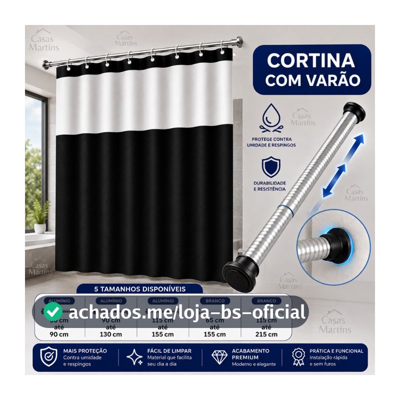 Cortina Box em PVC Para Banheiro Anti Mofo Com Ganchos Varias Cores + Suporte de cortina