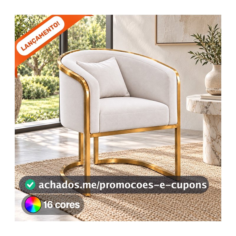 Poltrona Para Sala Decorativa Lavinia Luna Base de Ferro Dourada Suede Aninha Poltronas