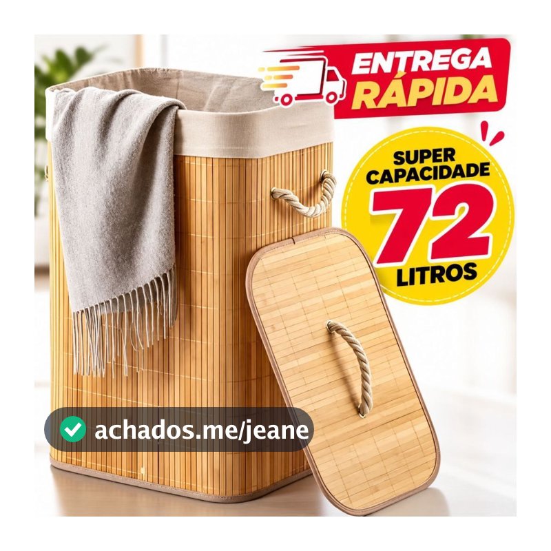 Cesto De Roupa Suja De Bambu De 72 Litros Com Tampa E Alça Para Uso Na Sala De Estar E No Banheiro.