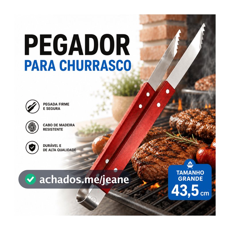 Pegador para Churrasco 43,5 cm Aço Inox Cabo de Madeira Longo Pinça para Carne Mor