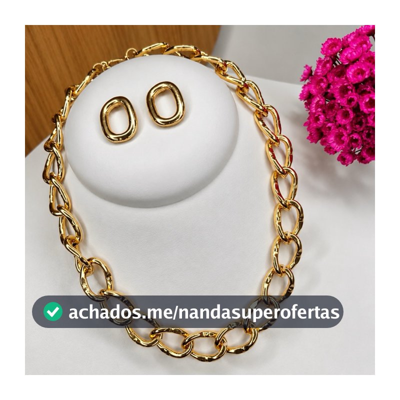 Colar Elos Corrente Gargantilha Feminina e Brinco Folheado a Ouro Bijuteria Elegante Sofisticado