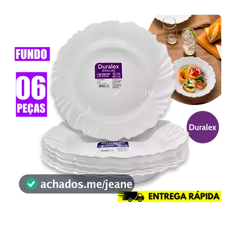 Jogo 6 Pratos Fundo Branco Duralex Opaline Vidro Pétala Elegante e Resistente
