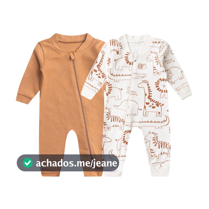 Kit 2 Macacão Bebê Sem Pé Zíper Frontal Suedine Liso e Estampado Menino e Menina - Bebê Fofuxo