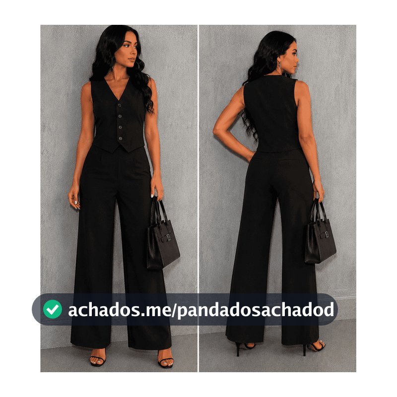 Conjunto Feminino Alfaiataria Blusa Colete e Calça Pantalona Social Elegante com Botão Moda Evangélica Outono Inverno