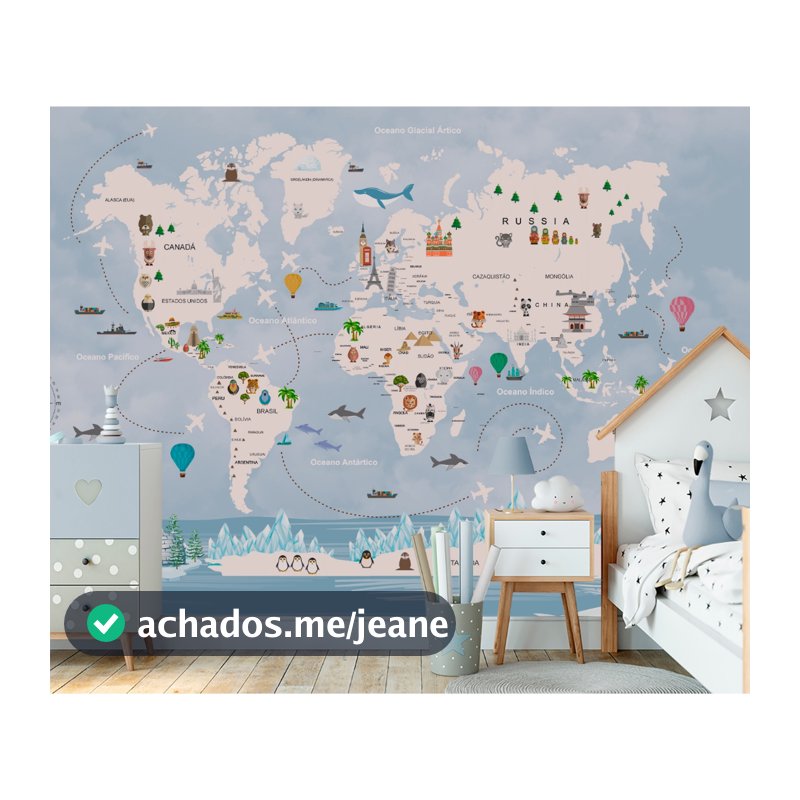 Papel de Parede Mapa Mundi Azul Infantil VR703- LEIA A DESCRIÇÃO