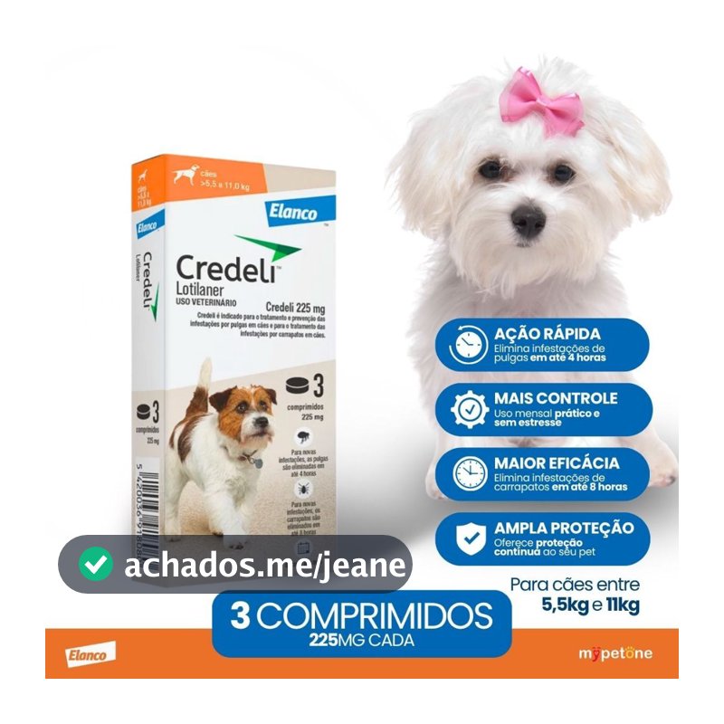 Credeli 225mg (5,5 a 11Kg) C/ 3 Comprimidos - Antipulgas e Carrapatos P/ Cães