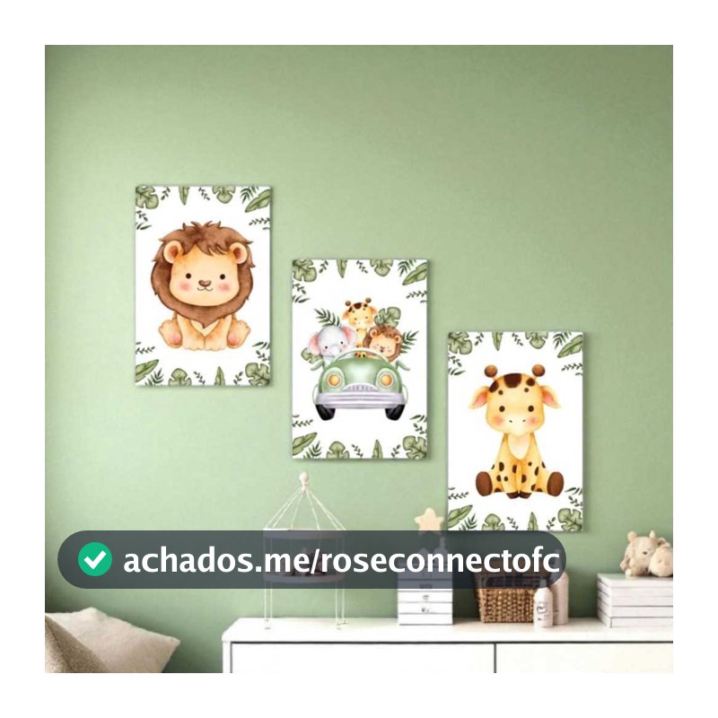 Kit 3 Quadros Decorativos Safari Infantil Menino Fofo para Quarto Baby Infantil Simples