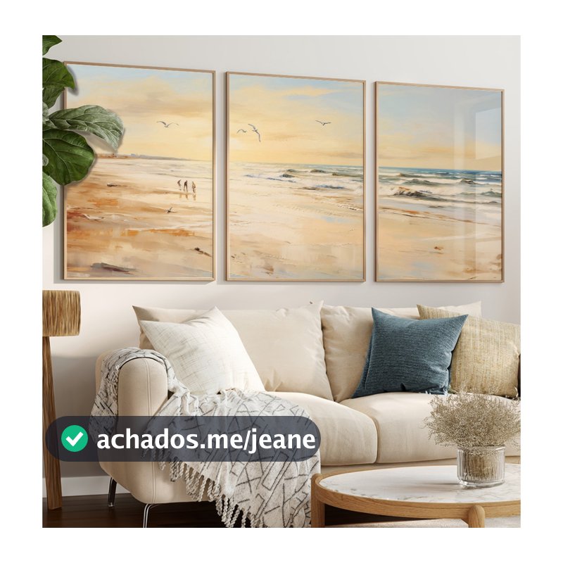 Quadros Decorativos Com Moldura Filete Sala Quarto Trio Arte Natureza Pintura Entardecer no Litoral
