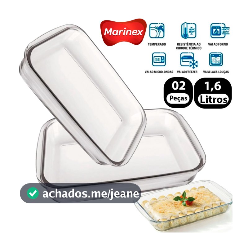 Kit 2 Lasanheiras Marinex Assadeira 1,6L retângular Travessa Cozinha Refratária de Vidro