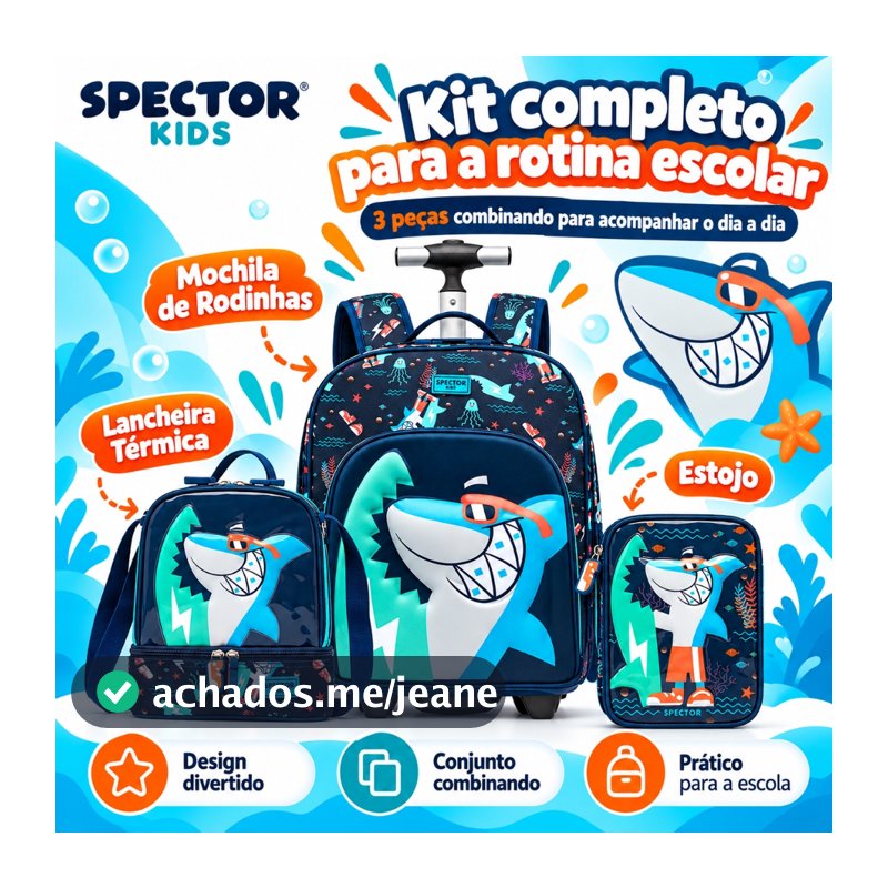 KIt Mochila Lancheira EstojoTubarão Menino Bolsa Escolar Rodinhas Spector