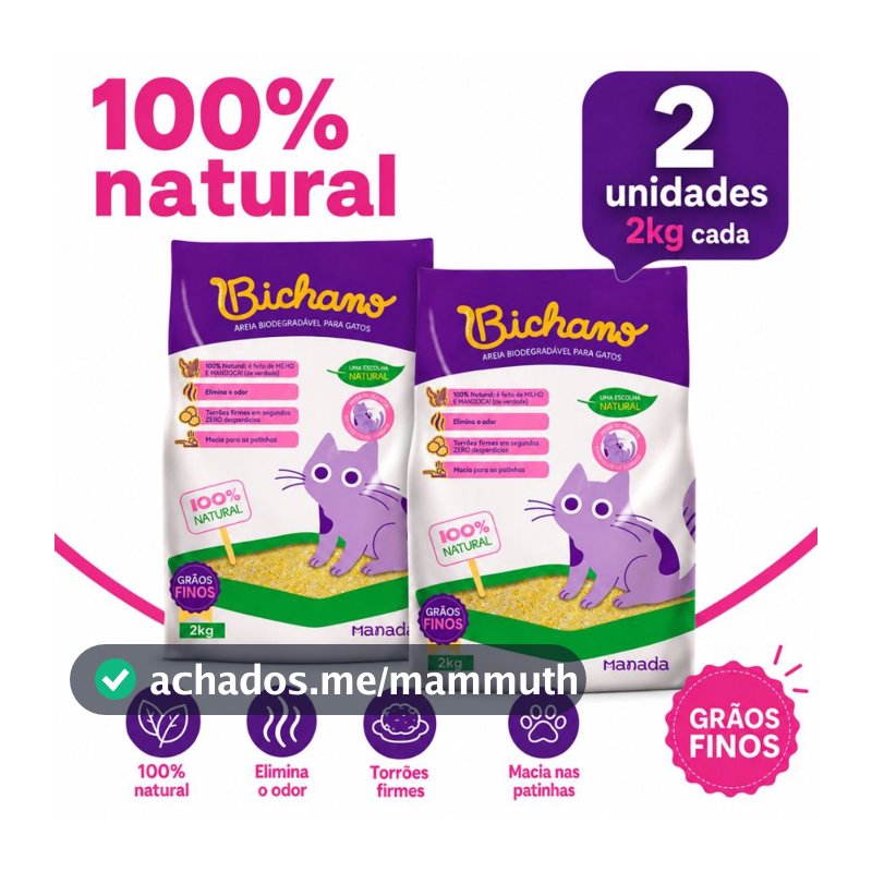 Kit 02 Areia Biodegradável Bichano Para Gatos Cat Grãos Finos 2kg Bio Milho e Mandioca Grão Fino Manada