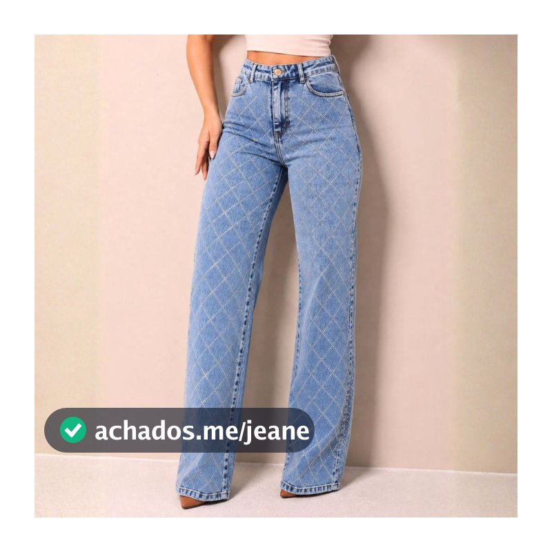 Calça Jeans Feminina Wide Leg Pantalona Cintura Alta Premium Tecido grosso Blogueira brilho Strass