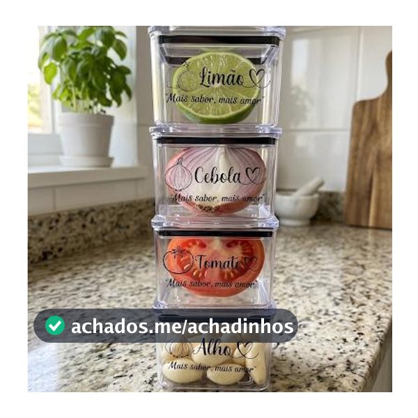 kIT 4 Potes 480ml Porta Tempero Com Adesivo Limão Cebola Tomate Alho Organizadores Herméticos Acrilico Geladeira Cozinha