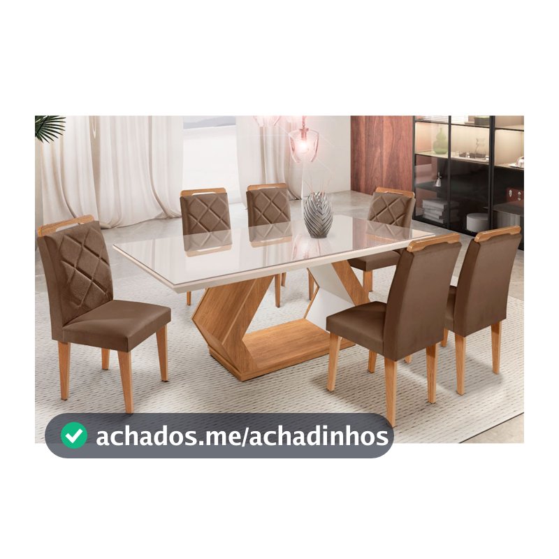 Conjunto Mesa Alvorada 180 Tampo Mdf e Vidro Canto Reto 6 Cadeiras Rufato