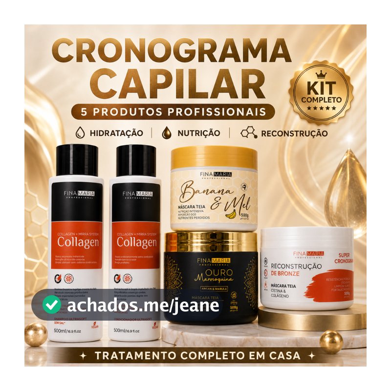 CRONOGRAMA CAPILAR 5 PRODUTOS PROFISSIONAL | HIDRATAÇÃO, NUTRIÇÃO, RECONSTRUÇÃO, SHAMPOO E CONDICIONADOR | FINA MARIA