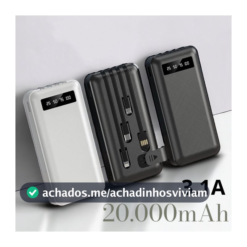 Carregador Power Bank Portátil 20000mah Universal Saida 4 Cabos com suporte lanterna