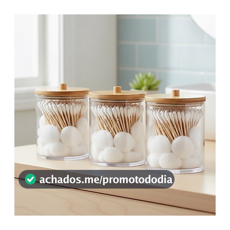 Pote Organizador de Acrílico com Bambu Algodão Cotonete Penteadeira Banheiro