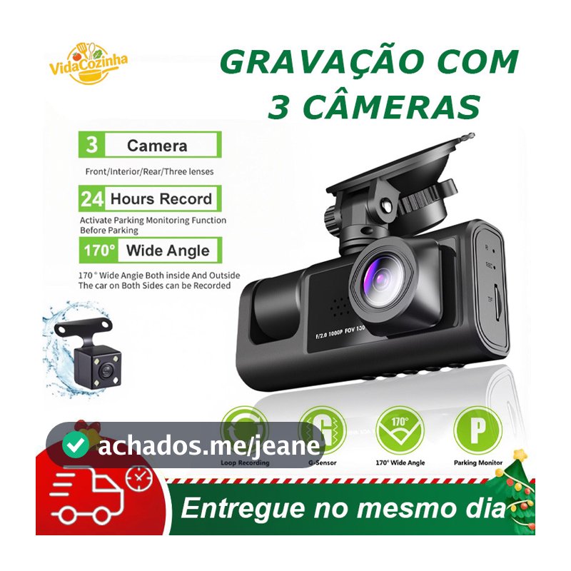 Gravador Veicular Tela Ventosa 3 Lentes (Frontal + Interna + Traseira) com Tela LCD | DVR Automotivo com Visão Noturna