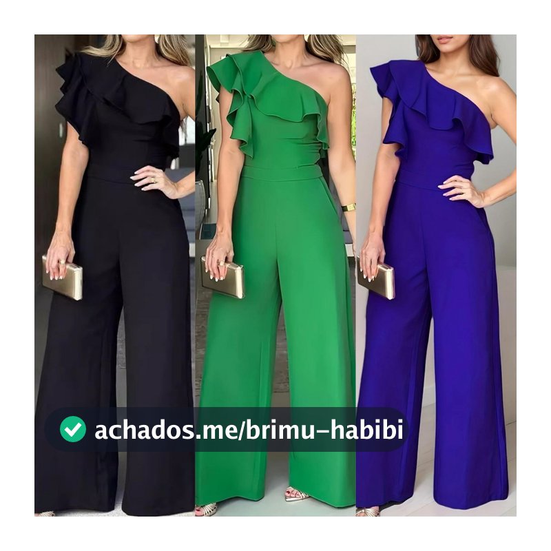 Elegante Macacão Feminino com Babado Liso Longo de Ombro Único Cintura Retas Soltas Alta e Pernas