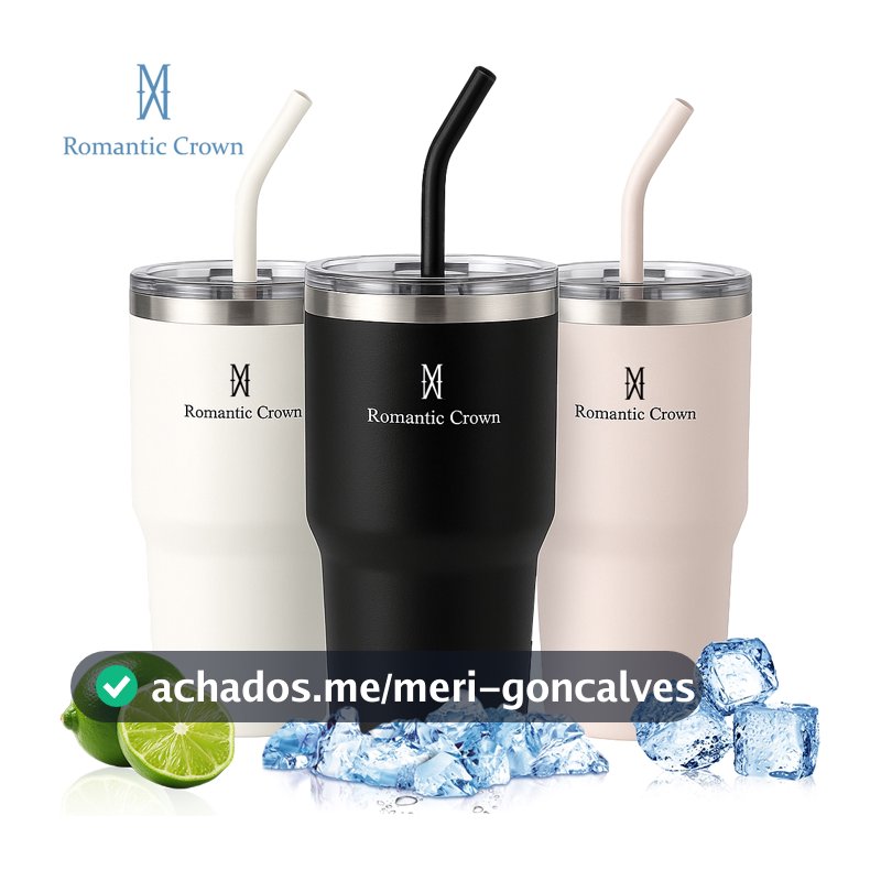 ROMANTIC CROWN Copo Térmico Inox Portátil 600ml Garrafa Térmica Inoxidável com Tampa e Canudo