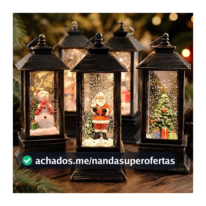 Lampião Globo de Neve Com LED Natal Enfeite Decoração Lanterna Presente Natalino Papai Noel Boneco de Neve