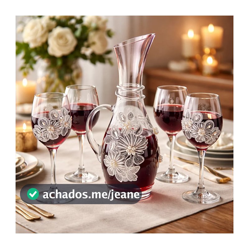 Jogo de Jarra Decanter de Vidro com 6 Taças Florais Conjunto para Suco Água Mesa Posta