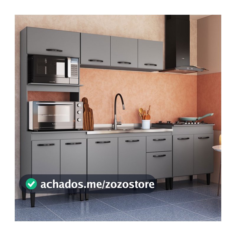 Armário de Cozinha Laís 11 Portas 1 Gaveta Cinza - Pnr Móveis