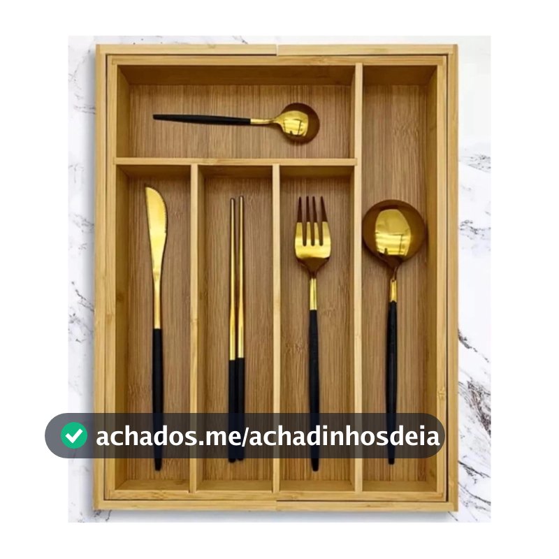 Porta Talheres Gaveta Bambu 7 Divisórias Extensível Ajustável Organizador Talheres Madeira