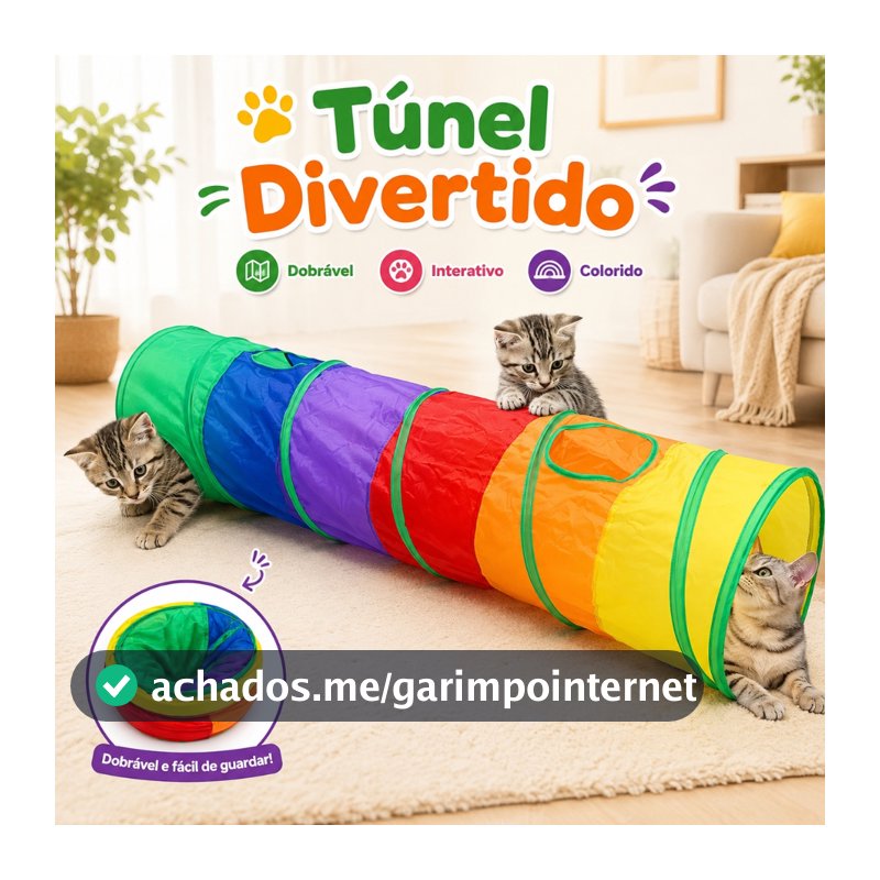 Túnel Labirinto Dobrável para Gatos Brinquedo Interativo Colorido em Poliéster com Alça para Transporte