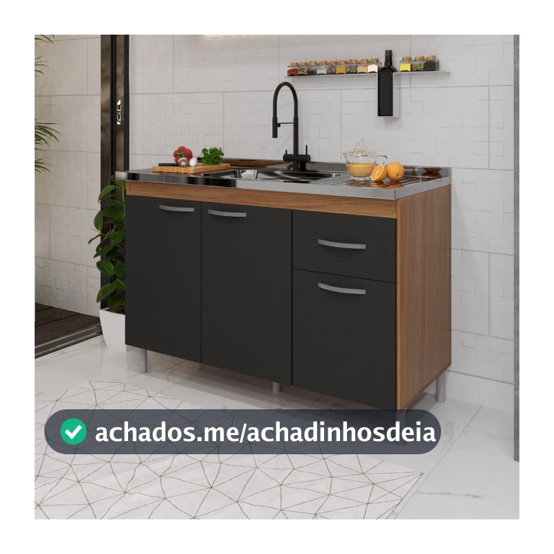 Balcão de Cozinha Pia de 120cm Sem Tampo Suiça POP SHARK MOVEIS 3 Portas 1 Gaveta