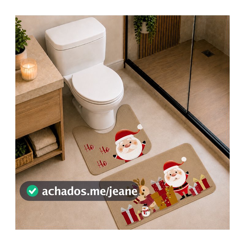 Tapetes para Banheiro Natalino Antiderrapante 2 Peças Noel e Ajudantes