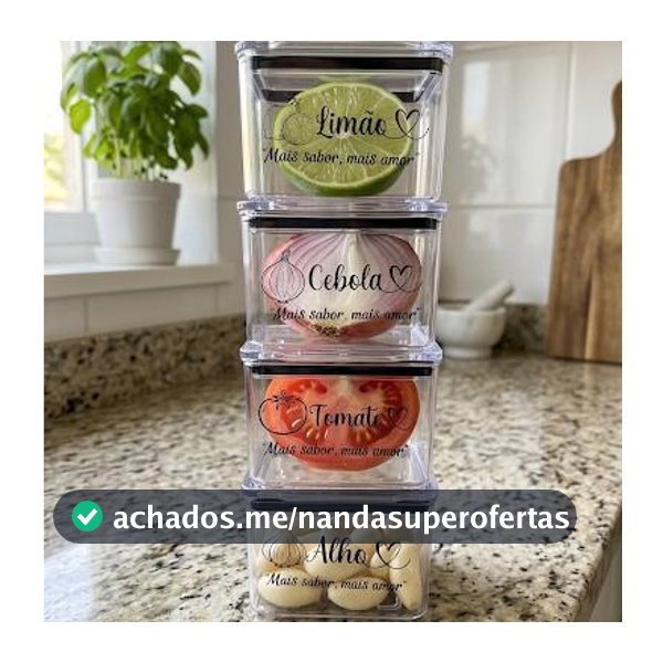 kIT 4 Potes 480ml Porta Tempero Com Adesivo Limão Cebola Tomate Alho Organizadores Herméticos Acrilico Geladeira Cozinha