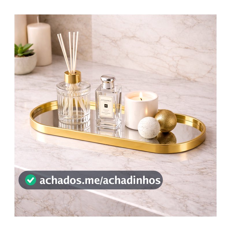 Bandeja Espelhada Banheiro Lavabo Bandeja Decorativa Multiuso Preta Dourada