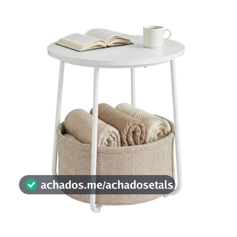 SONGMICS Mesa Redonda, Mesa Lateral, Mesa de Centro, Mesa de Sala de Estar com Cesto de Tecido, Mesa de Cabeceira