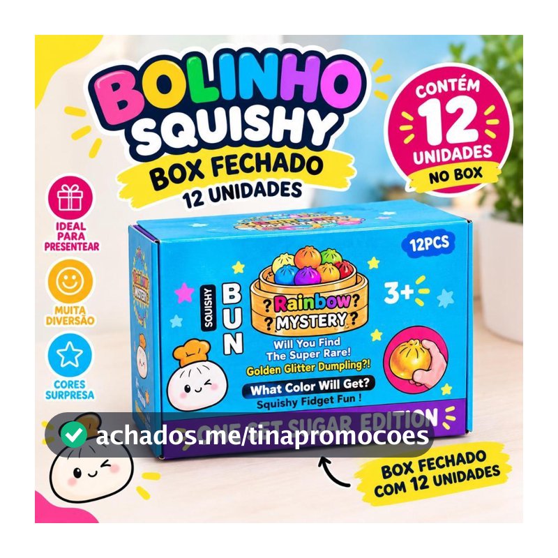 CAIXA BOX COM 12 UNIDADES de Squishy Dumpling Raro Surpresa com Glitter Bolinho Fofo Macio Anti Stress 8,5cm Grande