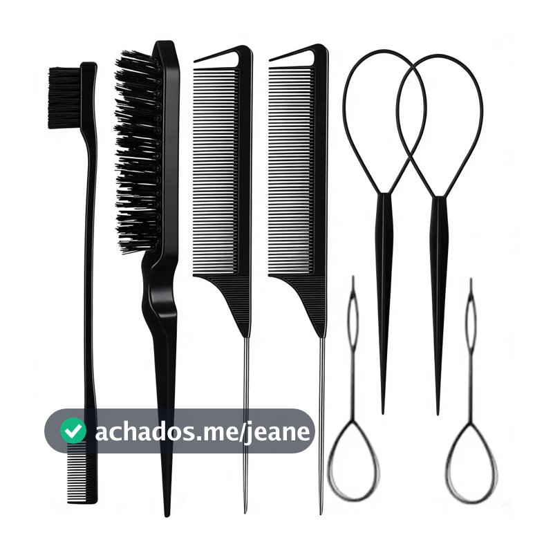 ANA1108 Conjunto 8 peças para estilizar e trançar o cabelo incluindo pente e ferramenta para trançar