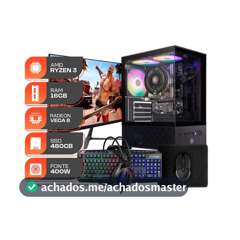 PC Gamer Forge, AMD RYZEN 3 3200G, 16GB DDR4, SSD 480GB, Completo com Monitor 21 e Periféricos