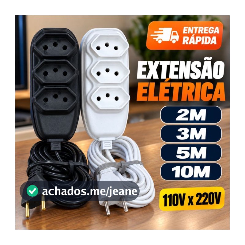Extensão Elétrica 10A Bivolt 110V 220V Tripolar 3 Pinos 2m 3m 5m 10m Preta ou Branca