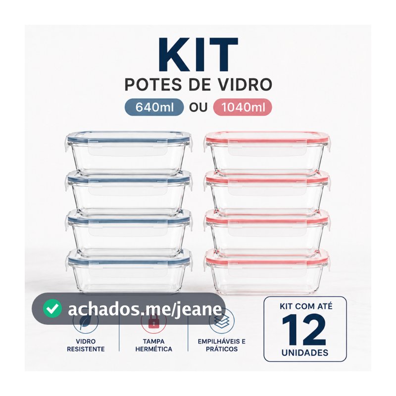 Kit Potes de Vidro Hermético 640ml/1040ml Marmita Fit Premium 4 Travas