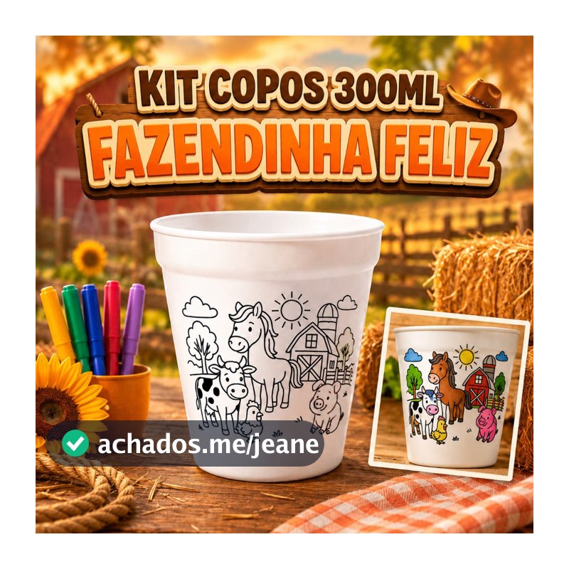 Kit de 10 a 50 Copos para Colorir FAZENDINHA Infantil – 300ml Festa Aniversário Brindes e Lembrancinhas 🐮