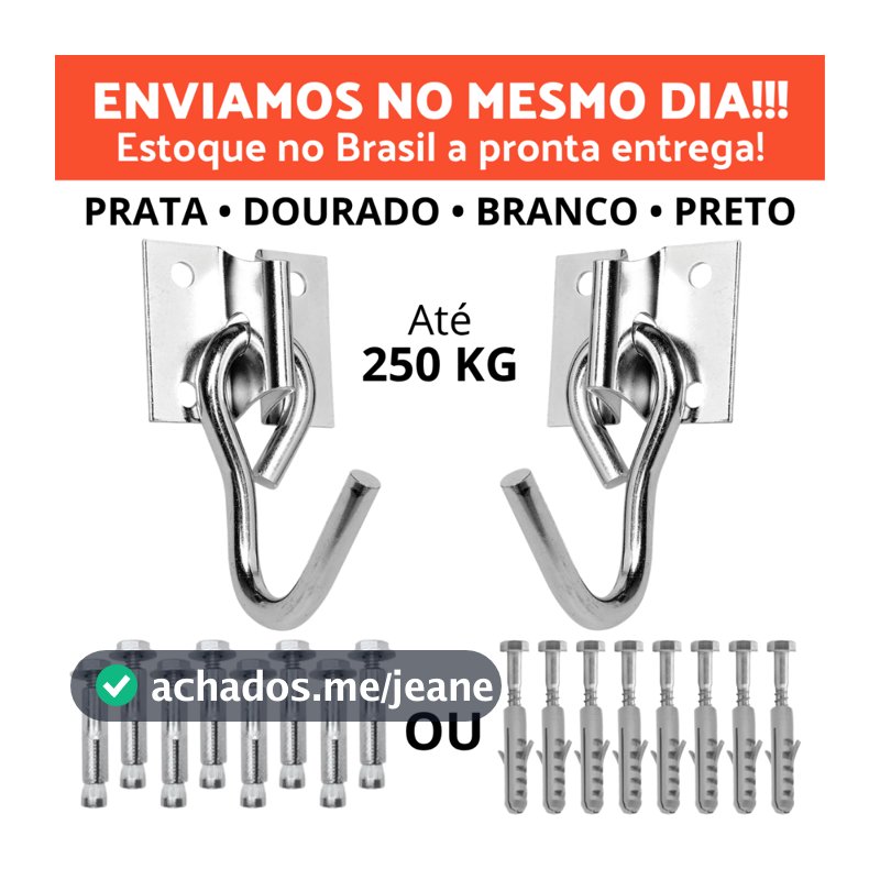 Kit Par de Gancho Armador De Rede De Balanço até 250kg Aço Grosso Reforçado Com 8 Parafusos E Buchas Ou Chumbadores