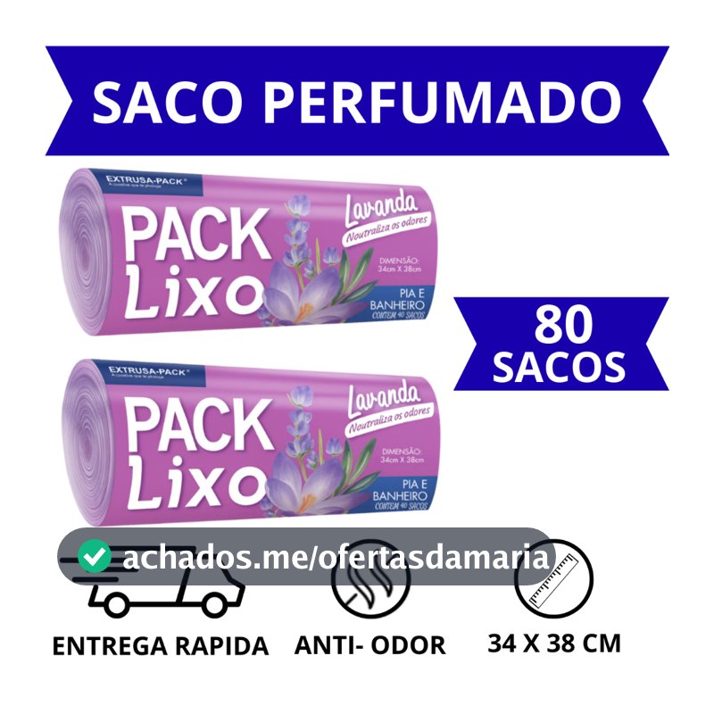 Saco de Lixo Pia e Banheiro Lavanda 38x34cm Kit 1 - 2 Pacotes (80 Sacos) Pack Lixo - Extrusa-Pack