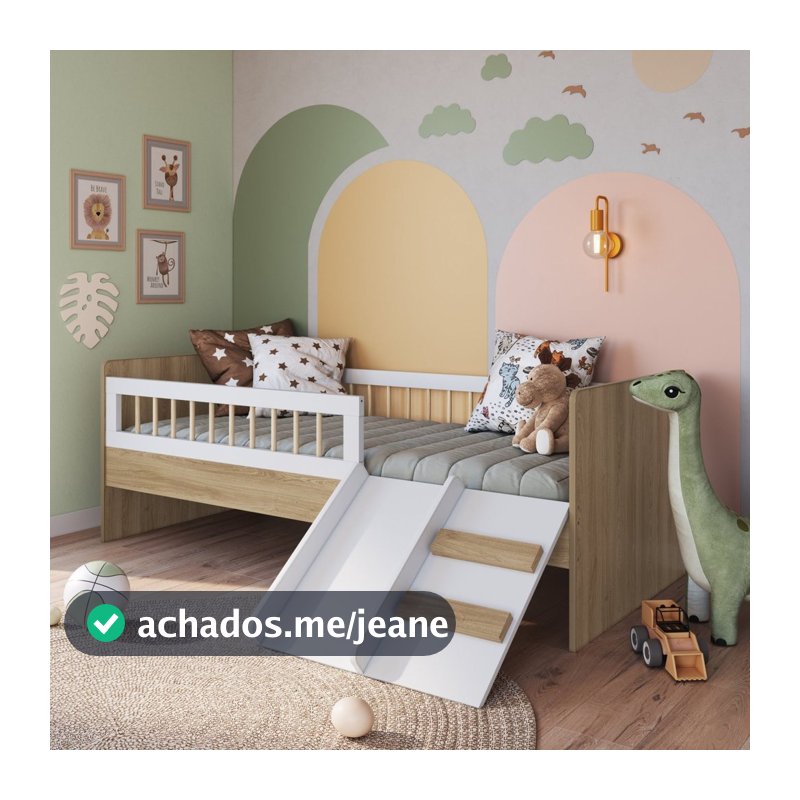 Cama Montessoriana de Solteiro com Escada e Escorrega Affetto Marrom/Aveiro Oak com Branco Oak/Branco
