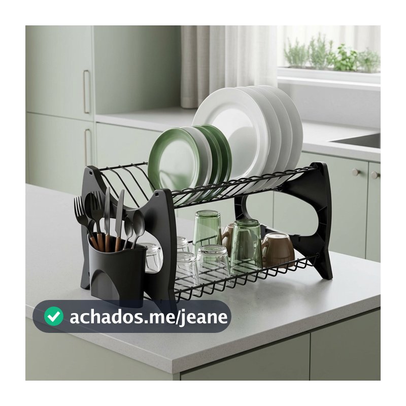 Escorredor De Louça All Black Cozinha Prato Copo Duplo C/ Porta Talheres Luxo
