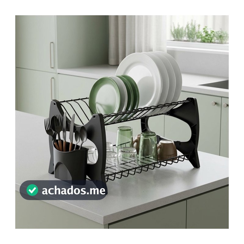 Escorredor De Louça All Black Cozinha Prato Copo Duplo C/ Porta Talheres Luxo